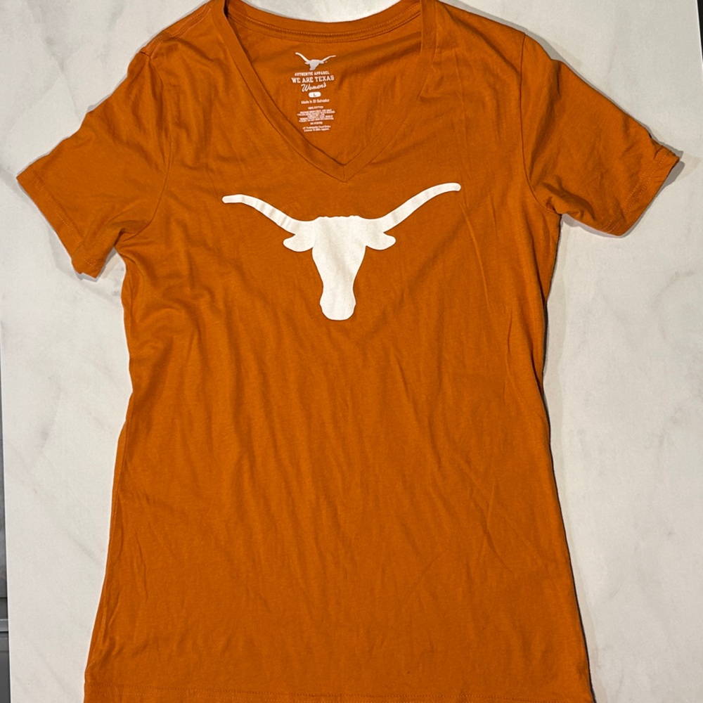 Women's University of Texas “hook em horns” Orange V-Neck Top with White Graphic